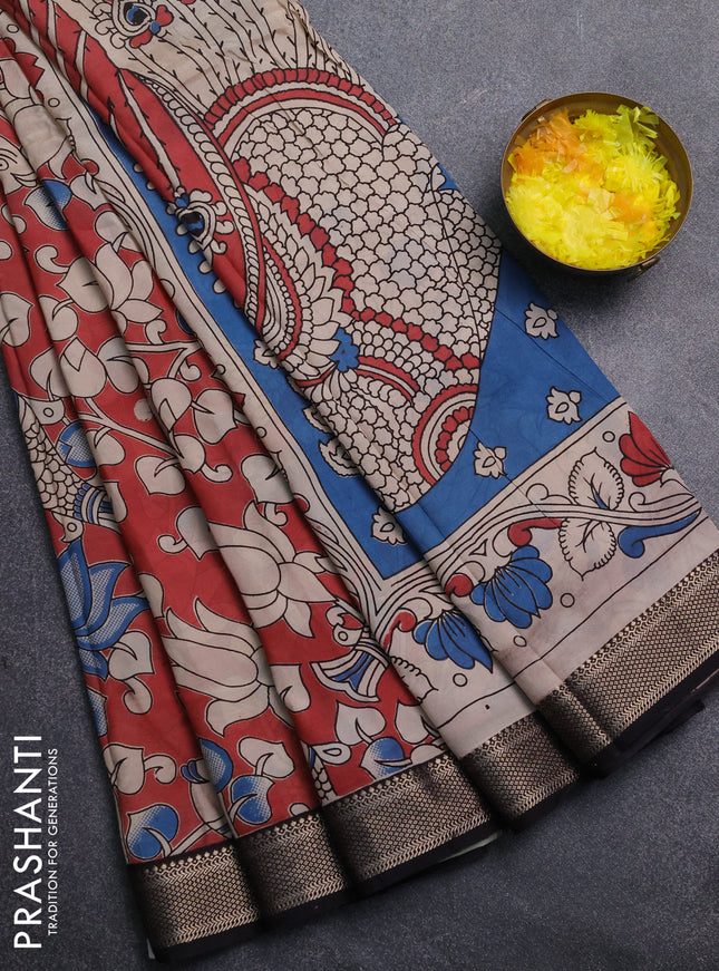 Kalamkari semi silk saree pastel maroon and black with allover prints and mangalgiri border