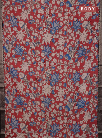 Kalamkari semi silk saree pastel maroon and black with allover prints and mangalgiri border