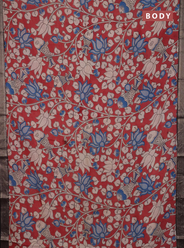 Kalamkari semi silk saree pastel maroon and black with allover prints and mangalgiri border