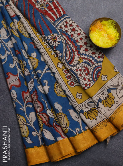 Kalamkari semi silk saree peacock blue and mustard yellow with allover prints and mangalgiri border