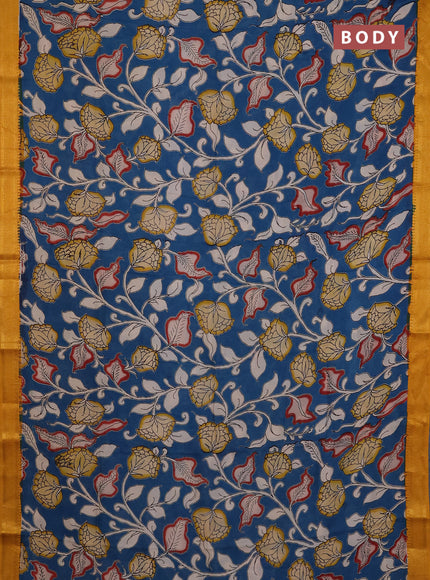 Kalamkari semi silk saree peacock blue and mustard yellow with allover prints and mangalgiri border