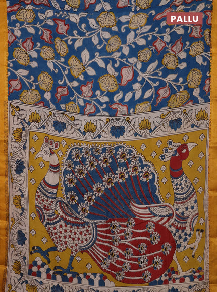 Kalamkari semi silk saree peacock blue and mustard yellow with allover prints and mangalgiri border