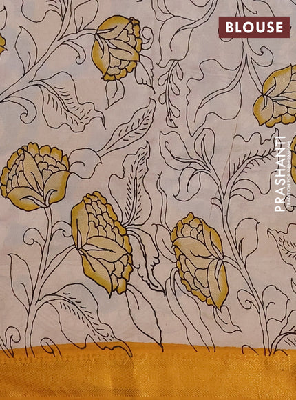 Kalamkari semi silk saree peacock blue and mustard yellow with allover prints and mangalgiri border