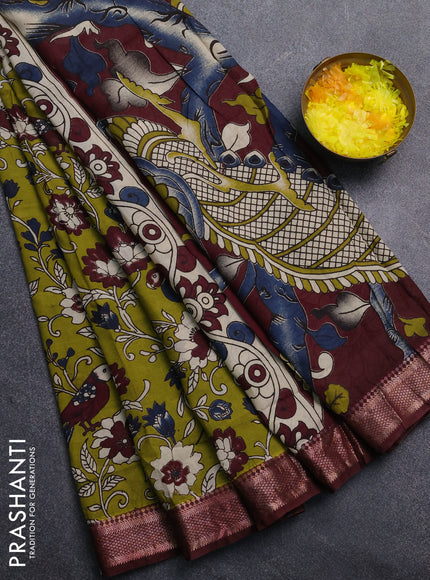 Kalamkari semi silk saree mehendi green and wine shade with allover prints and mangalgiri border
