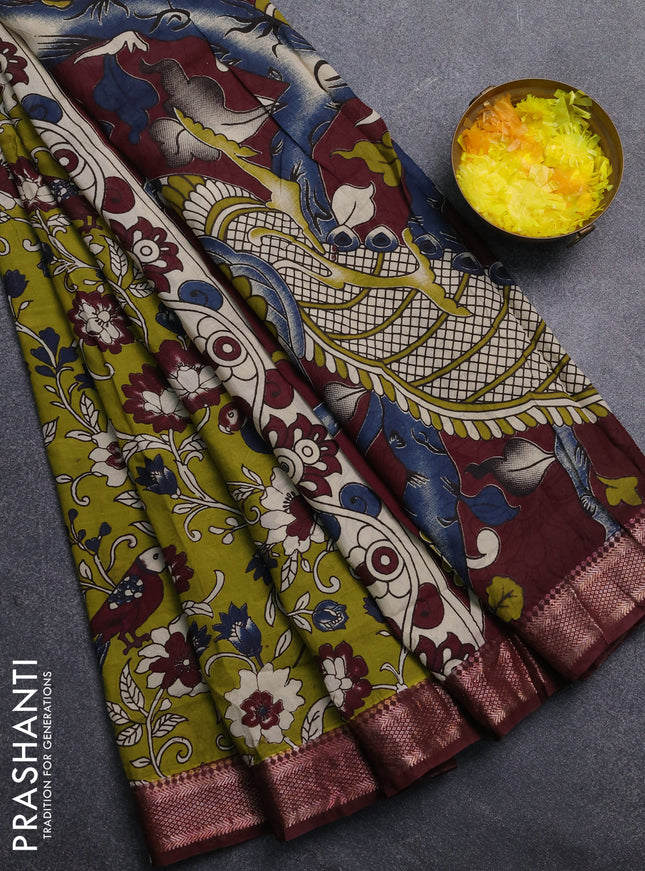 Kalamkari semi silk saree mehendi green and wine shade with allover prints and mangalgiri border