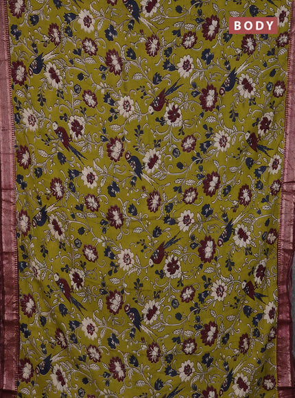 Kalamkari semi silk saree mehendi green and wine shade with allover prints and mangalgiri border
