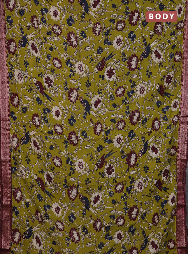 Kalamkari semi silk saree mehendi green and wine shade with allover prints and mangalgiri border