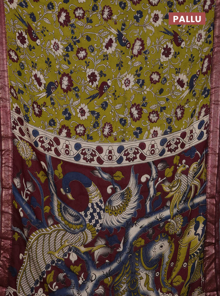 Kalamkari semi silk saree mehendi green and wine shade with allover prints and mangalgiri border
