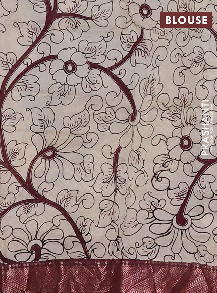 Kalamkari semi silk saree mehendi green and wine shade with allover prints and mangalgiri border