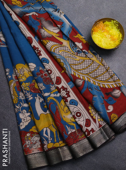 Kalamkari semi silk saree peacock blue and black with allover prints and mangalgiri border