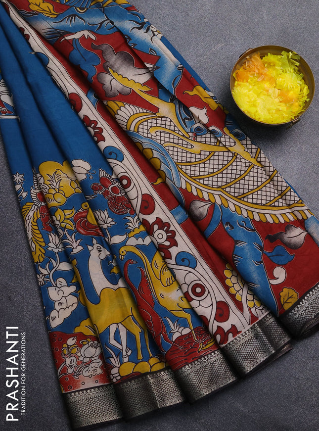 Kalamkari semi silk saree peacock blue and black with allover prints and mangalgiri border
