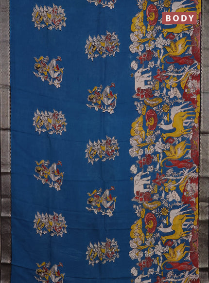 Kalamkari semi silk saree peacock blue and black with allover prints and mangalgiri border