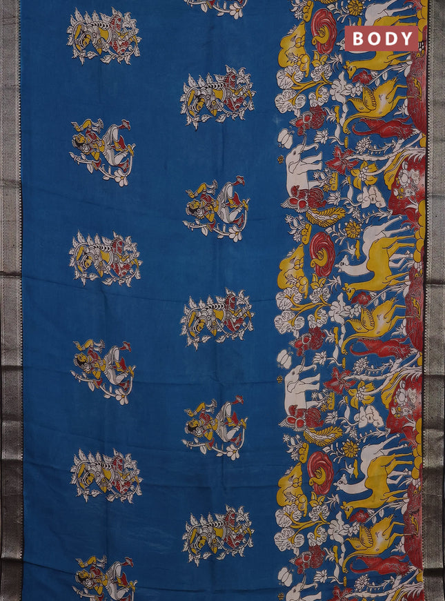 Kalamkari semi silk saree peacock blue and black with allover prints and mangalgiri border