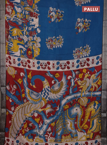 Kalamkari semi silk saree peacock blue and black with allover prints and mangalgiri border