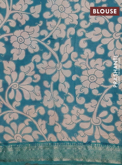 Kalamkari semi silk saree mustard yellow and teal green with allover prints and mangalgiri border