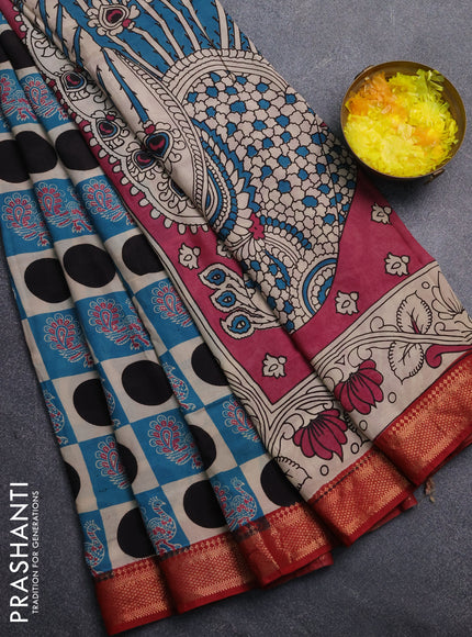 Kalamkari semi silk saree beige teal green and maroon with allover prints and mangalgiri border
