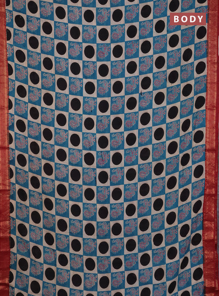 Kalamkari semi silk saree beige teal green and maroon with allover prints and mangalgiri border