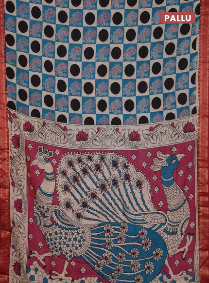 Kalamkari semi silk saree beige teal green and maroon with allover prints and mangalgiri border