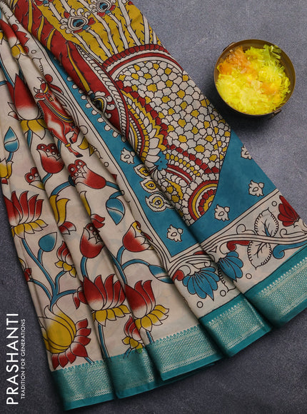 Kalamkari semi silk saree beige and teal green with allover prints and mangalgiri border