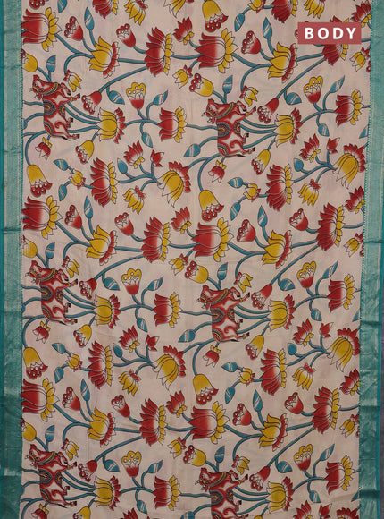 Kalamkari semi silk saree beige and teal green with allover prints and mangalgiri border