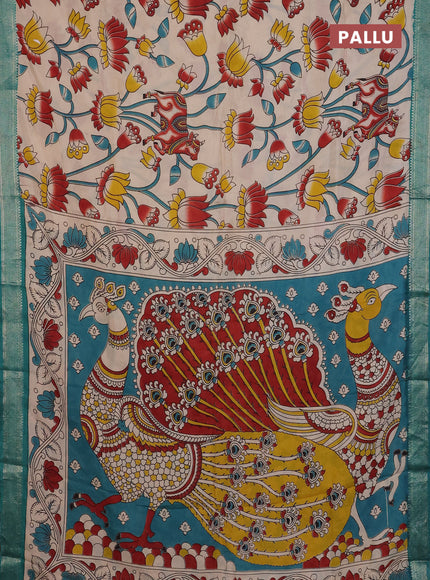 Kalamkari semi silk saree beige and teal green with allover prints and mangalgiri border