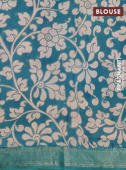 Kalamkari semi silk saree beige and teal green with allover prints and mangalgiri border