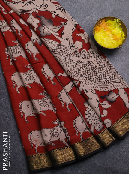 Kalamkari semi silk saree maroon and black with allover pichwai prints and mangalgiri border