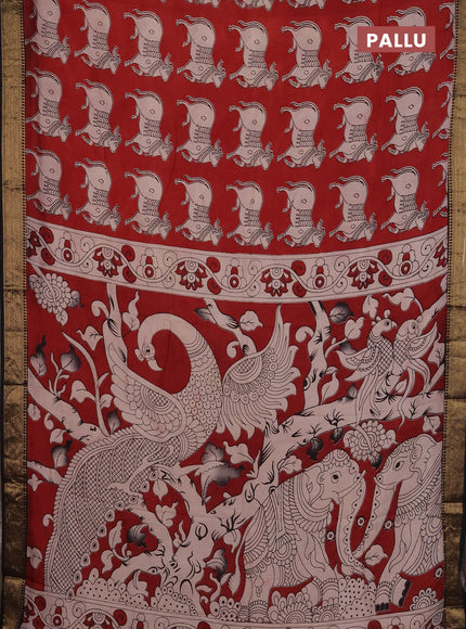 Kalamkari semi silk saree maroon and black with allover pichwai prints and mangalgiri border