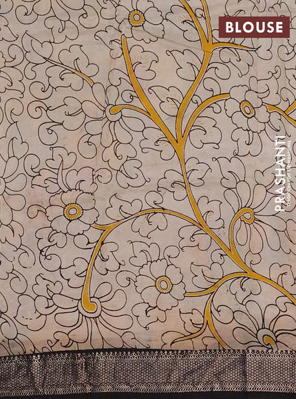 Kalamkari semi silk saree pastel green and black with allover prints and mangalgiri border