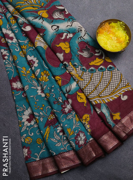 Kalamkari semi silk saree teal green and wine shade with allover prints and mangalgiri border