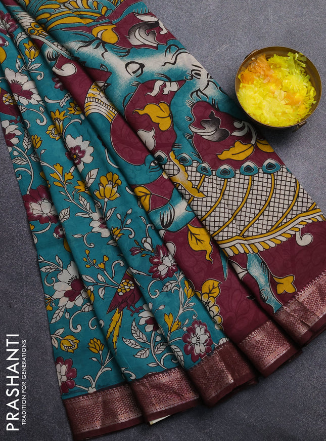 Kalamkari semi silk saree teal green and wine shade with allover prints and mangalgiri border