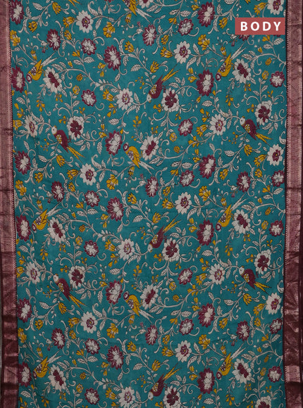 Kalamkari semi silk saree teal green and wine shade with allover prints and mangalgiri border