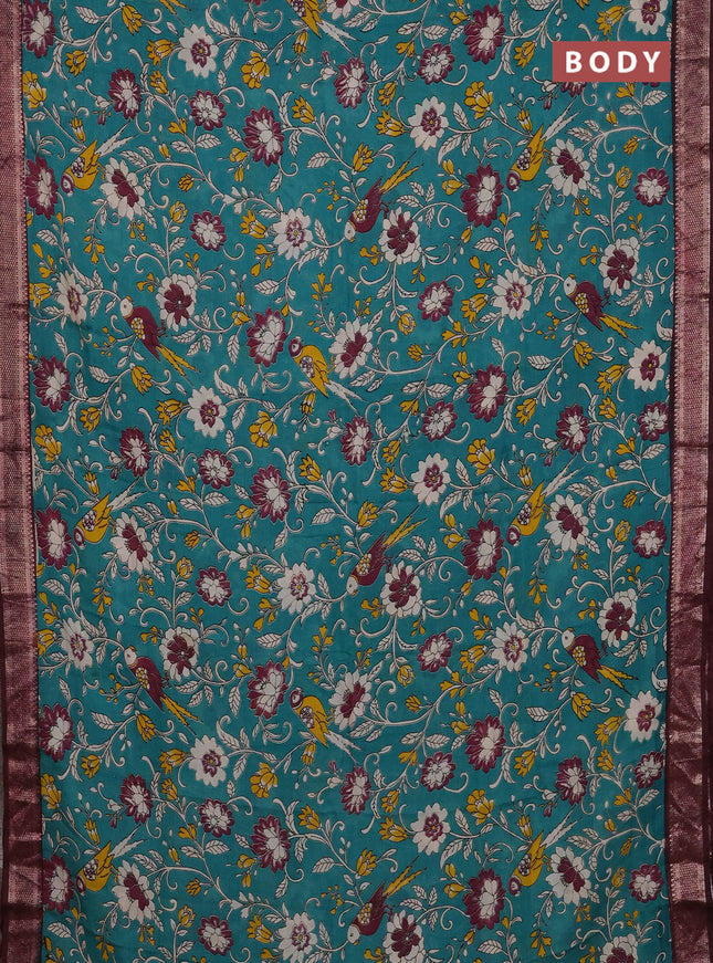 Kalamkari semi silk saree teal green and wine shade with allover prints and mangalgiri border