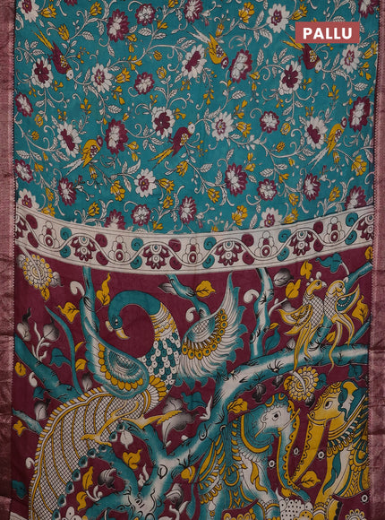 Kalamkari semi silk saree teal green and wine shade with allover prints and mangalgiri border