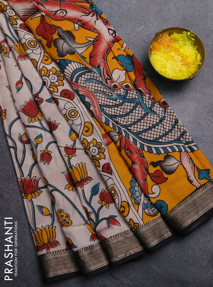 Kalamkari semi silk saree beige and black with allover prints and mangalgiri border