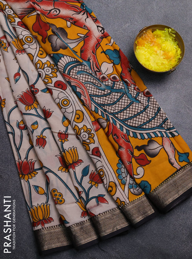Kalamkari semi silk saree beige and black with allover prints and mangalgiri border