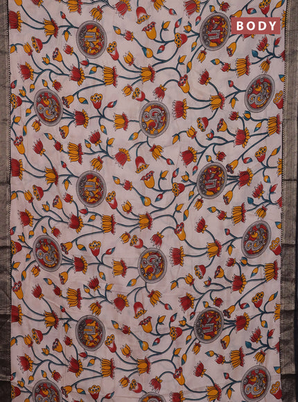 Kalamkari semi silk saree beige and black with allover prints and mangalgiri border