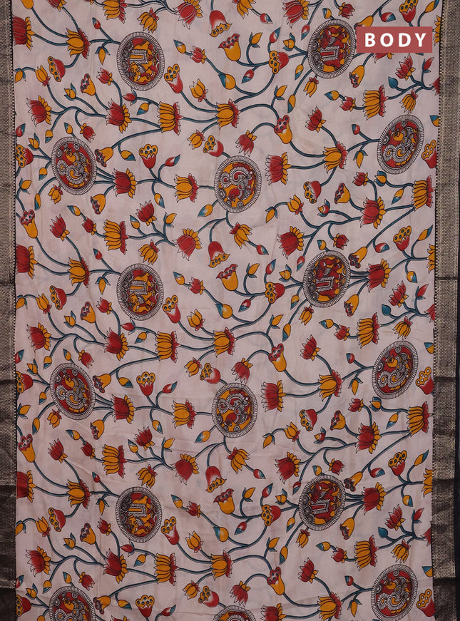 Kalamkari semi silk saree beige and black with allover prints and mangalgiri border