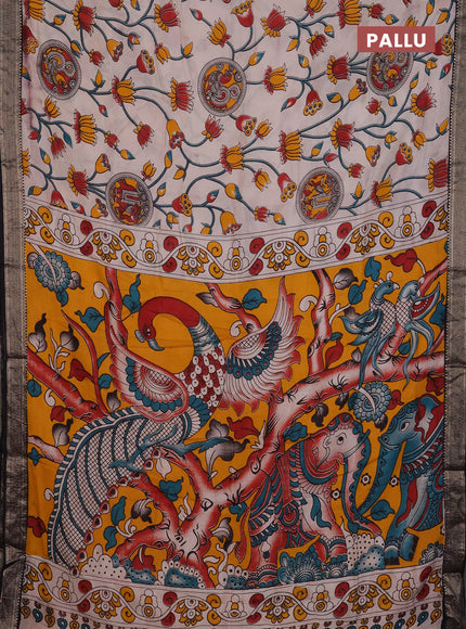 Kalamkari semi silk saree beige and black with allover prints and mangalgiri border