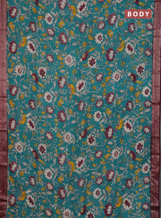 Kalamkari semi silk saree teal green and wine shade with allover prints and mangalgiri border