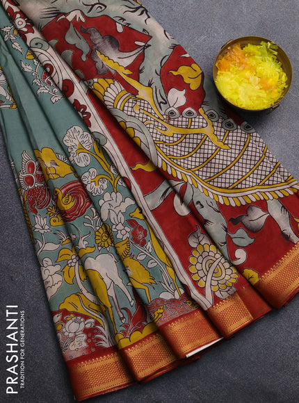 Kalamkari semi silk saree pastel green and maroon with allover prints and mangalgiri border