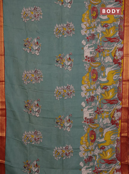 Kalamkari semi silk saree pastel green and maroon with allover prints and mangalgiri border