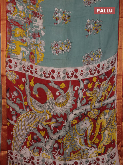Kalamkari semi silk saree pastel green and maroon with allover prints and mangalgiri border