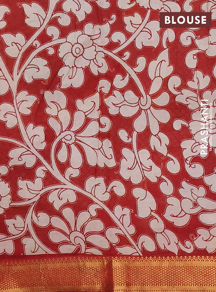 Kalamkari semi silk saree pastel green and maroon with allover prints and mangalgiri border