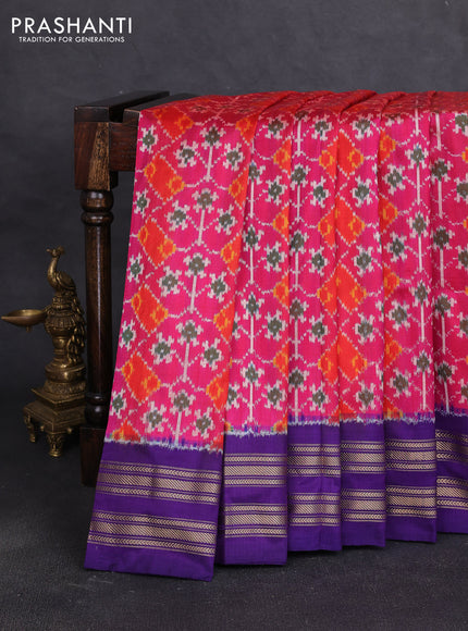 Pochampally silk saree pink orange and violet with allover ikat weaves and zari woven border