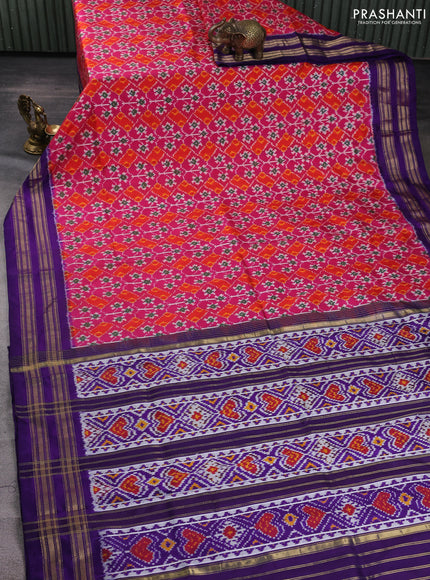 Pochampally silk saree pink orange and violet with allover ikat weaves and zari woven border