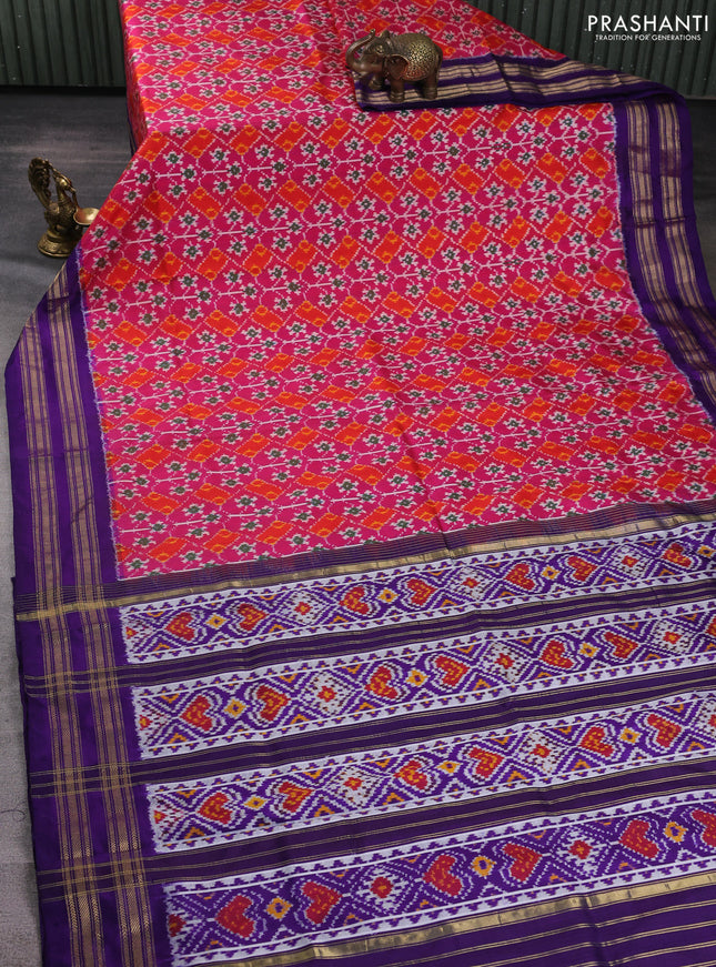 Pochampally silk saree pink orange and violet with allover ikat weaves and zari woven border