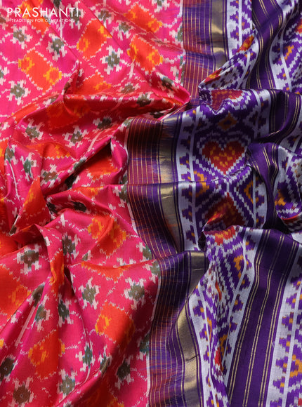 Pochampally silk saree pink orange and violet with allover ikat weaves and zari woven border