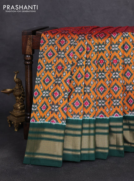 Pochampally silk saree orange and bottle green with allover ikat weaves and zari woven border