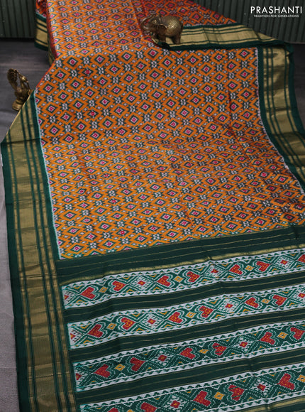 Pochampally silk saree orange and bottle green with allover ikat weaves and zari woven border